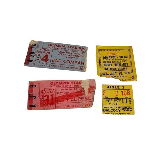 Lot of 4 Original Led Zeppelin Bad Company 1975 Concert Ticket Michigan Masonic - Picture 1 of 7